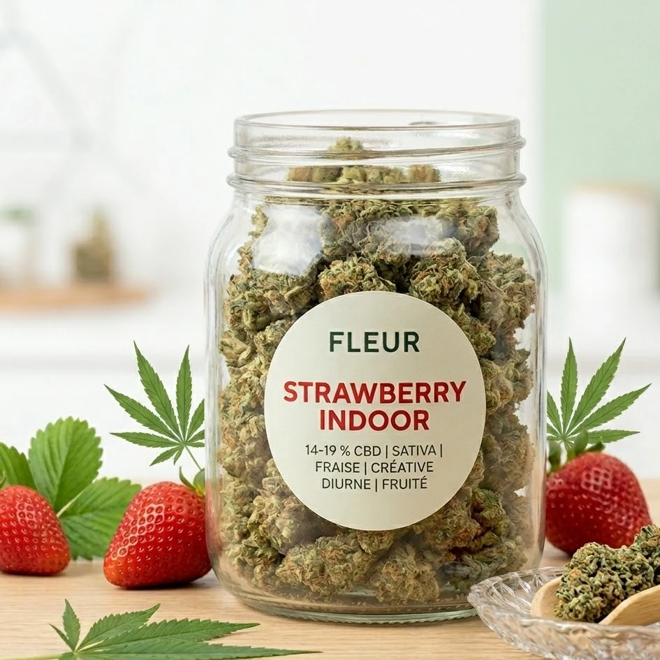 🇨🇠Fleur CBD Strawberry Indoor 14-19 % : sativa fraise créative diurne fruité