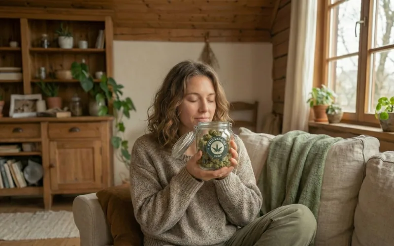 Femme sentant un bocal de fleurs de CBD Green Power Shop