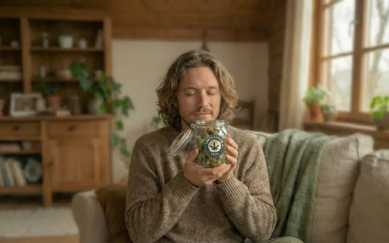 Homme sentant un bocal de fleurs de CBD Green Power Shop