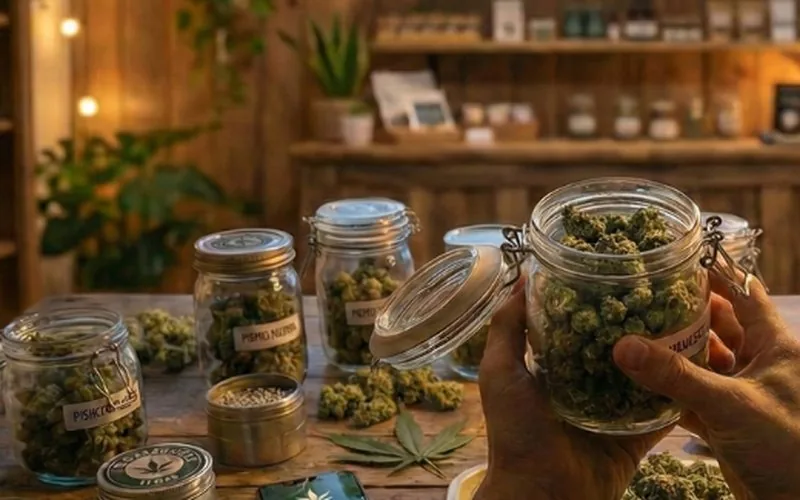 Bocaux de fleurs de CBD étiquetés en boutique